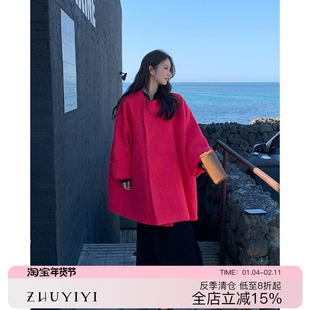 ZHUYIYI 韩国面料 红色双面呢大衣女短款小个子羊驼毛毛呢外套冬