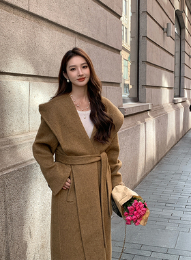 千金风姜黄色连帽系带手工双面羊绒大衣女冬加厚长款高端毛呢外套