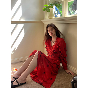 ZHUYIYI  法式V领红色印花系带气质长袖春季连衣裙女简约修身初春