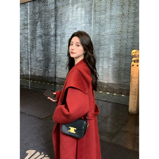 结婚毛呢外套 大翻领气质中长款 ZHUYIYI 红色双面羊绒大衣女秋冬季