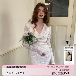 ZHUYIYI 提花荡领长袖白色法式春季连衣裙女包臀短裙原创设计荡领