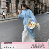 ZHUYIYI 一粒扣系带蓝色手工双面羊绒大衣女秋冬气质立领毛呢外套