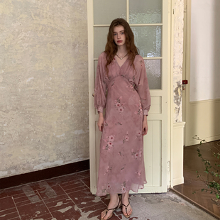 ZHUYIYI 法式新款长袖碎花春季连衣裙女设计感原创修身收腰长裙
