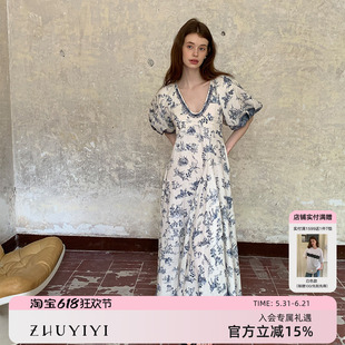 ZHUYIYI 青花瓷 亚麻印花连衣裙女夏季新款高级感原创设计收腰