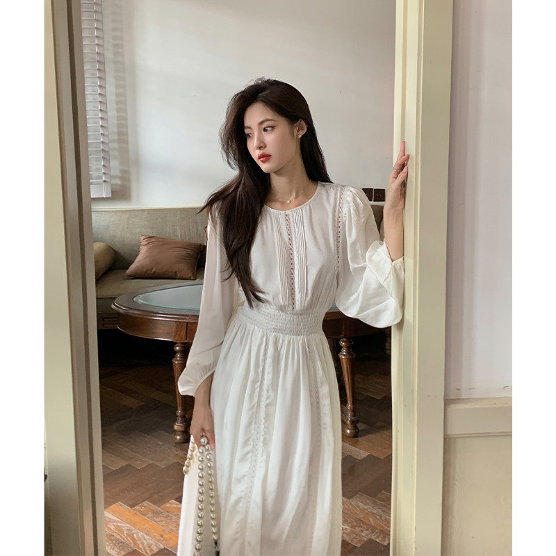 ZHUYIYI 新款法式白色早秋连衣裙女长袖气质收腰显瘦长款裙子秋季