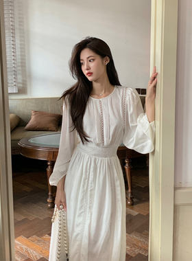 ZHUYIYI 新款法式白色早秋连衣裙女长袖气质收腰显瘦长款裙子秋季
