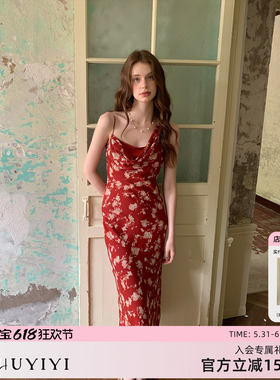ZHUYIYI 度假风红色印花荡领吊带连衣裙女夏修身显瘦薄纱原创长裙
