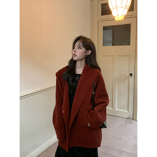 ZHUYIYI 红色连帽双面羊绒大衣女春秋2025新款短款羊毛毛呢外套