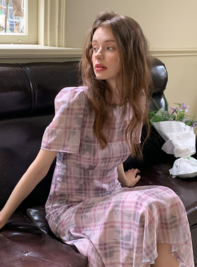 ZHUYIYI 紫色乔其纱雪纺 印花格子短袖连衣裙女夏修身长裙高级感