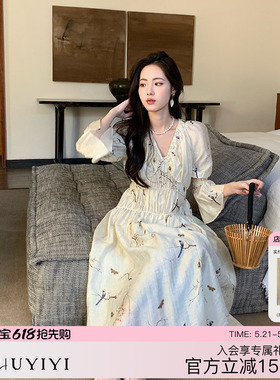 ZHUYIYI 早春新款新中式淡黄色抽褶连衣裙女V领气质收腰显瘦