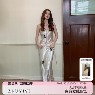 ZHUYIYI 夏季新款醋酸缎面绣花细吊带连衣裙女露背修身显瘦设计感