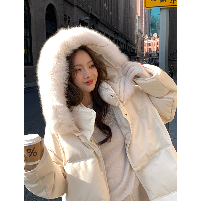 ZHUYIYI 米白色短款羽绒服女小个子高端白鸭绒大狐狸毛领鹅绒外套