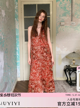 ZHUYIYI100苎麻印花高级感挂脖红色连衣裙女原创设计新款度假长裙