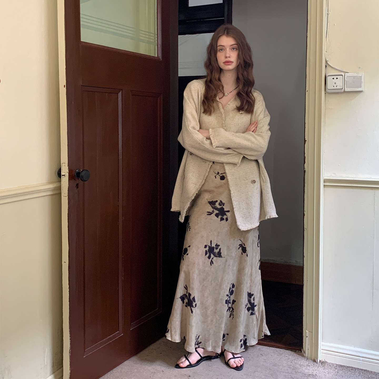 ZHUYIYI 新款人丝斜裁铜氨丝印花a字半身裙女早秋长款秋季高级感