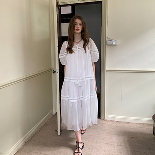 ZHUYIYI 亚麻白色连衣裙女夏高级感小众设计宽松显瘦 蕾丝拼短袖