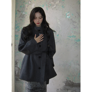 2025冬季新款气质复古立领灰黑色绵羊毛双面呢大衣女毛呢外套短款