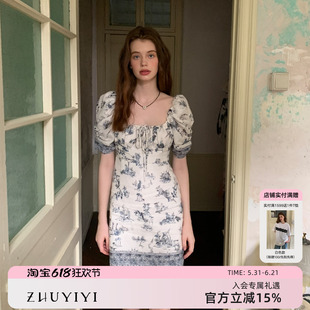 ZHUYIYI 青花瓷 新款法式印花方领短袖连衣裙女夏收腰短款显瘦