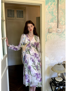 ZHUYIYI 鸢尾紫色印花收腰长袖法式早秋连衣裙女气质收腰显瘦秋季