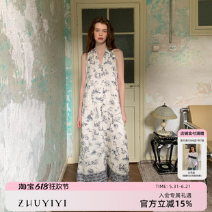 ZHUYIYI 青花瓷 高级感新款无袖印花挂脖连衣裙女夏收腰显瘦长裙