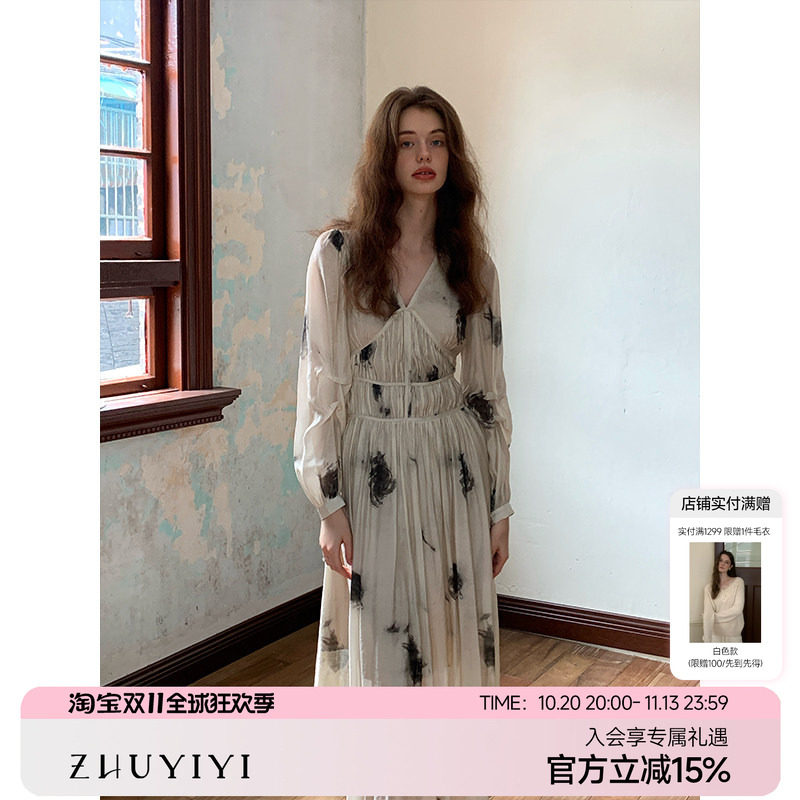 ZHUYIYI 米色V领玫瑰印花长袖连衣裙女新款优雅气质法式长裙秋季