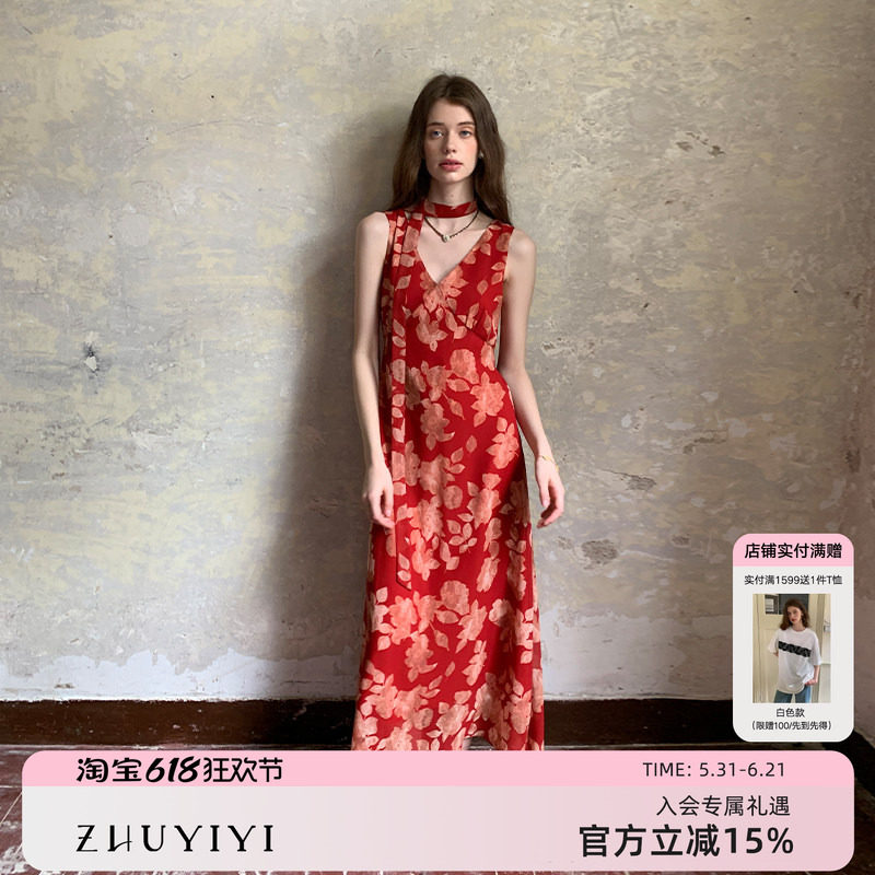 ZHUYIYI 印花无袖红色连衣裙女夏新款收腰显瘦原创设计飘带高级感