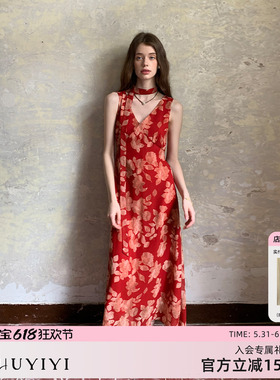 ZHUYIYI 印花无袖红色连衣裙女夏新款收腰显瘦原创设计飘带高级感