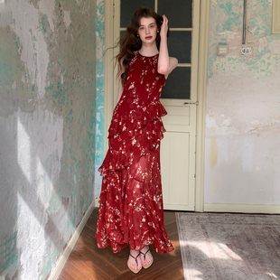 ZHUYIYI 新款碎花挂脖吊带连衣裙女夏不规则高级感修身长裙原创