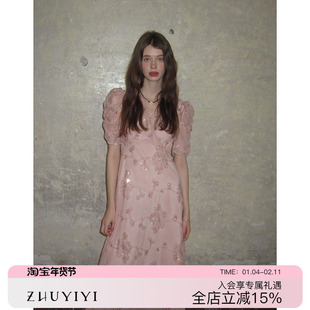 ZHUYIYI 新款气质薄纱钉珠刺绣连衣裙女夏收腰显瘦原创设计感显瘦