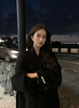 黑色双面呢大衣女中长款收腰双排扣宽松高端过膝廓形毛呢外套