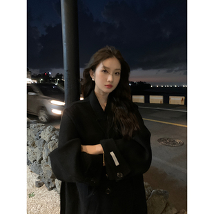 黑色双面呢羊绒大衣女中长款收腰双排扣宽松高端过膝廓形毛呢外套