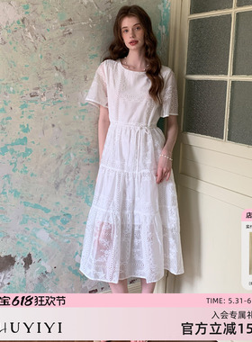 ZHUYIYI 法式白色简约薄纱连衣裙女夏短袖收腰显瘦原创设计中长裙