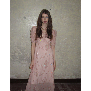 ZHUYIYI 气质薄纱钉珠刺绣连衣裙女夏收腰显瘦原创设计感显瘦 新款