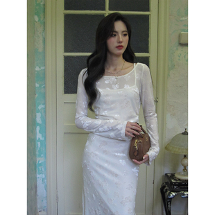 薄纱早秋连衣裙女长袖 千金风高级圆领白色法式 2025新款 ZHUYIYI