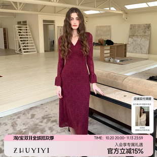 ZHUYIYI 新款法式针织加绒红色长袖连衣裙女蕾丝收腰高级感显瘦