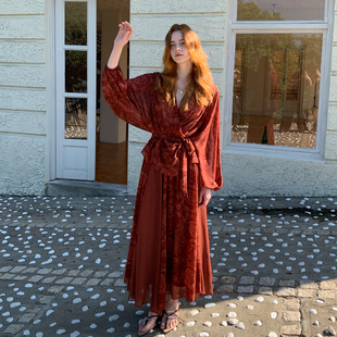 ZHUYIYI 早秋新款印花深v领长袖上衣女半裙套装简约修身高级感