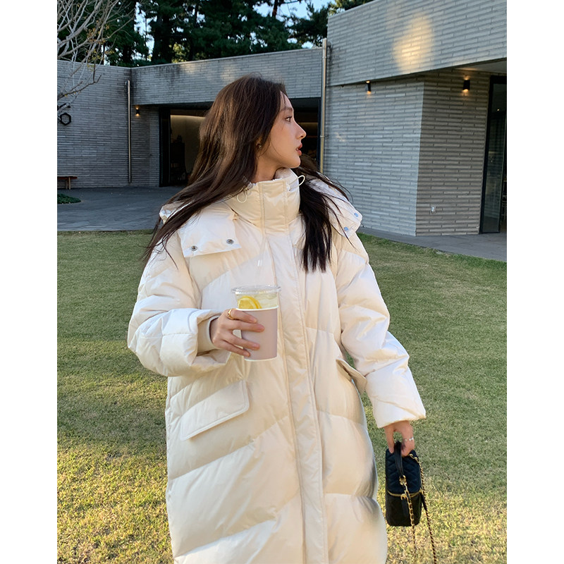 白色长款羽绒服女冬季2025新款过膝加厚收腰立领连帽白鹅绒外套