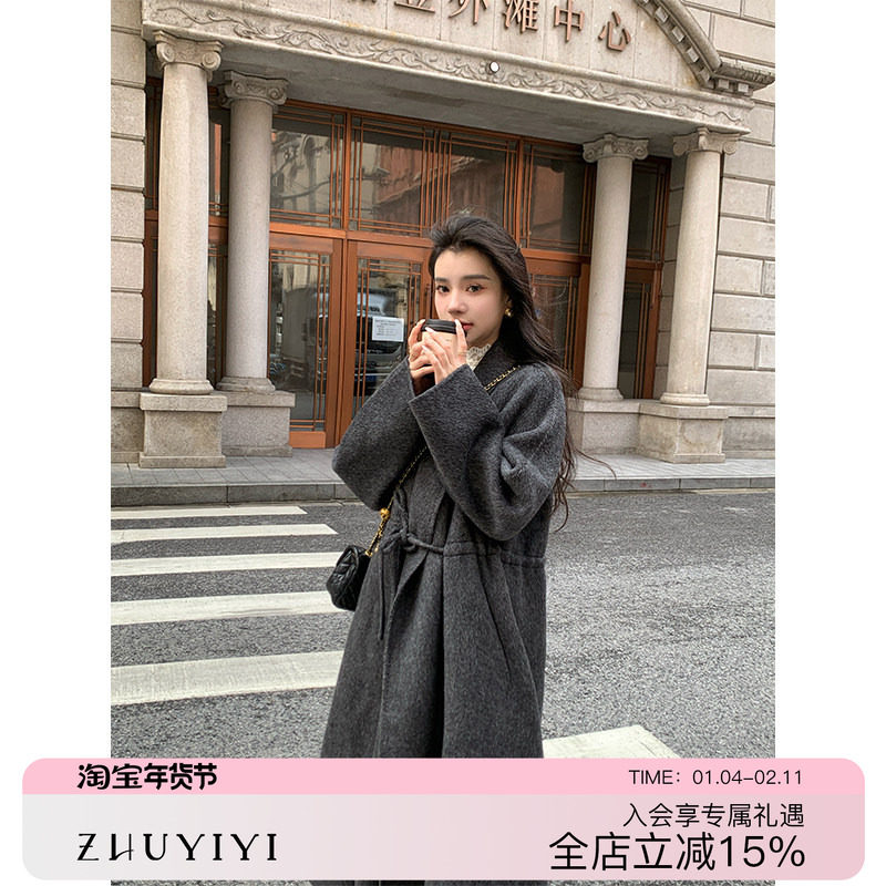 ZHUYIYI 高级感灰黑色双面羊绒大衣女冬西装领毛呢外套
