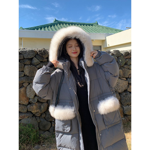 灰色冬季羽绒服外套白鸭绒狐狸毛
