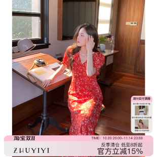 碎花红色连衣裙女夏时尚 ZHUYIYI V领短袖 高端法式 A字长裙 2025新款