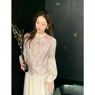 连衣裙女国风修身 ZHUYIYI 早秋长袖 刺绣马甲女套装 两件套 新中式