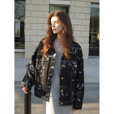 梅花钉珠高端珠片绣花牛仔外套