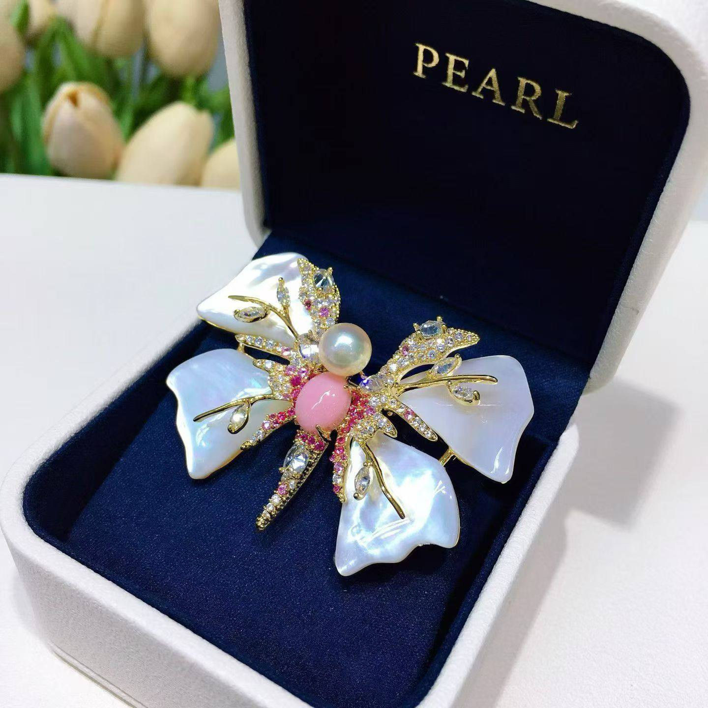 diy合金胸针母贝粉色可配7-8-9mm珍珠蝴蝶气质淑女