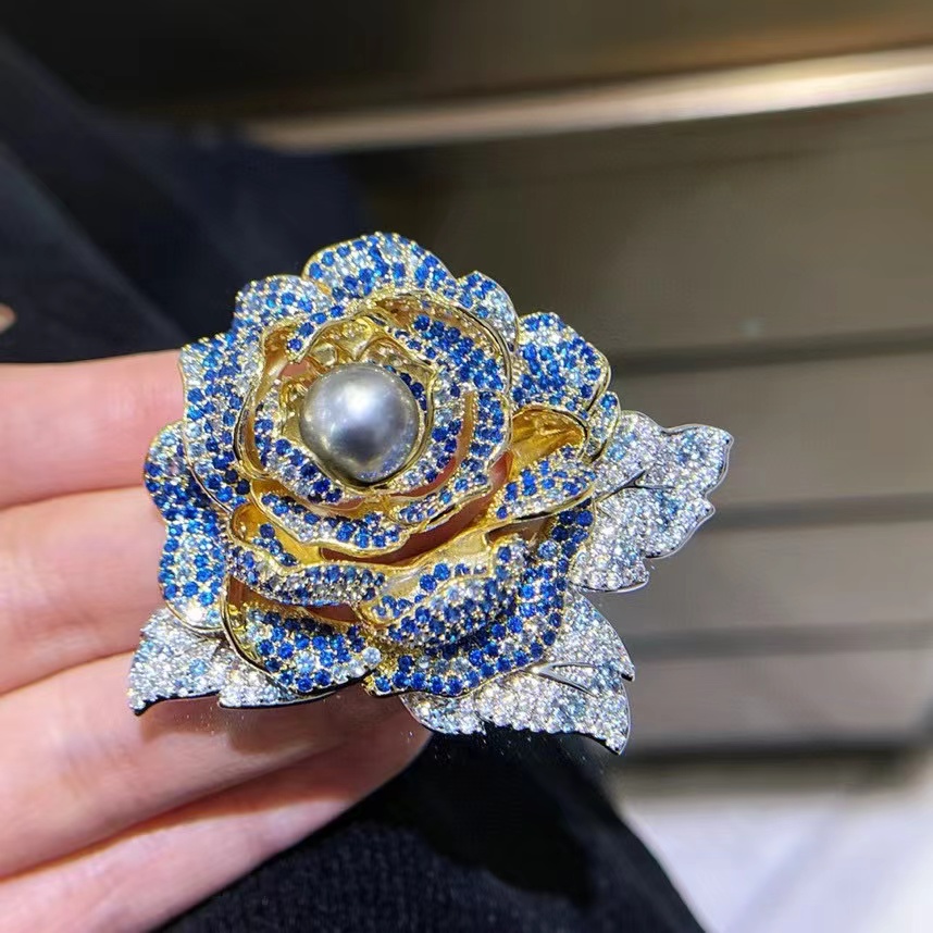 克莱因蓝花朵胸针10-11mm海水大溪地黑珍珠轻奢风diy配件成品都有