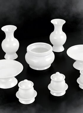 纯白色陶瓷套装佛具摆件中式白事供灯佛灯熏香炉古典复古