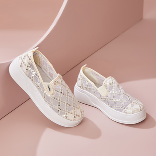 透气网纱单鞋 Tt&Mm 一脚蹬懒人鞋 休闲风蕾丝厚底乐福鞋 汤姆斯女鞋