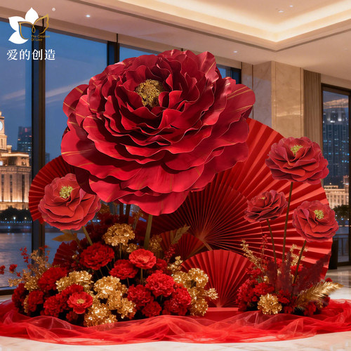 大型手工定制珠光泡沫渐变染色牡丹花纸艺仿真花高端橱窗美陈装饰