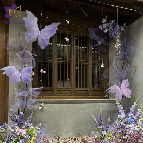 巨型手工仿真纱蝴蝶装饰橱窗店铺纱花美陈网红打卡民宿装饰丝网花