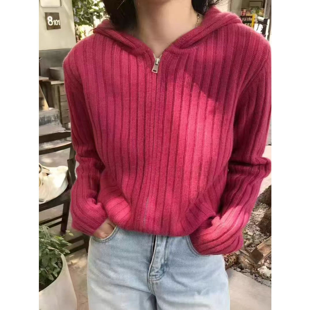 现货时尚拉链毛衣外套女装开衫202春秋新款韩连帽慵懒风羊毛帽衫