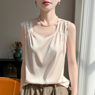 厂家2026春夏季 吊带背心女 轻奢丝滑缎面仿真丝钻石领领无袖