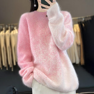 时尚设计感樱花粉渐变色25年秋冬新款纯山羊绒圆领针织衫加厚上衣